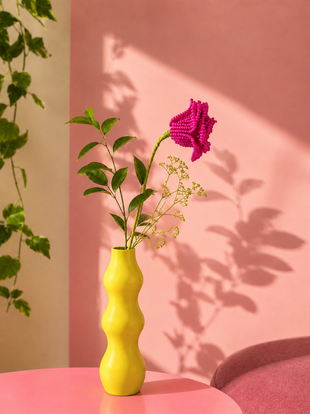 Fleurette, rose éternelle en perles de rocaille fuchsia dans un vase jaune ondulé, ambiance déco, fait main à Châteauroux, Perle Moi Ça