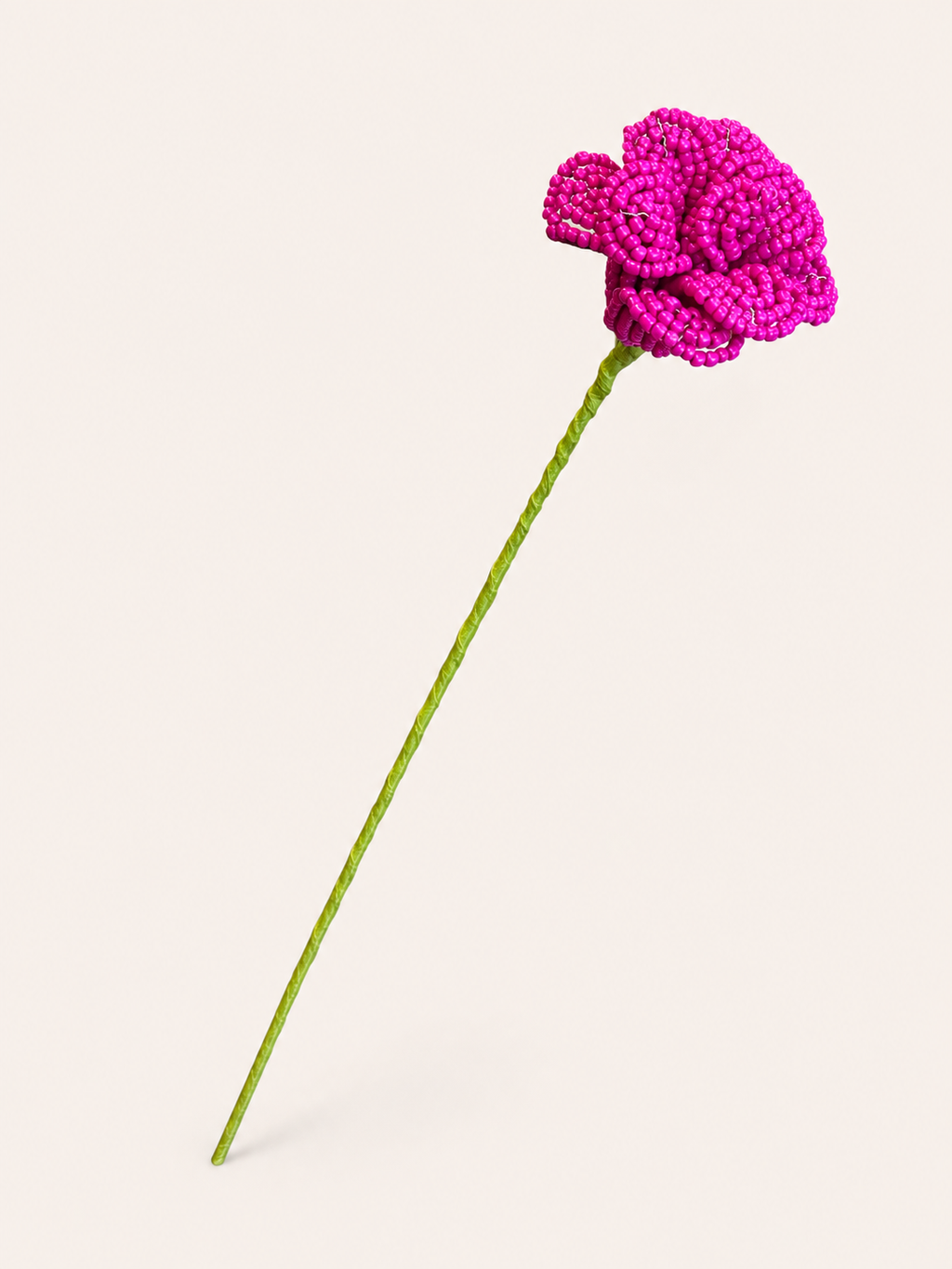 Fleurette, rose en perles de rocaille tissée à la main, fleur fuchsia ouverte sur tige, fait main à Châteauroux, Perle Moi Ça