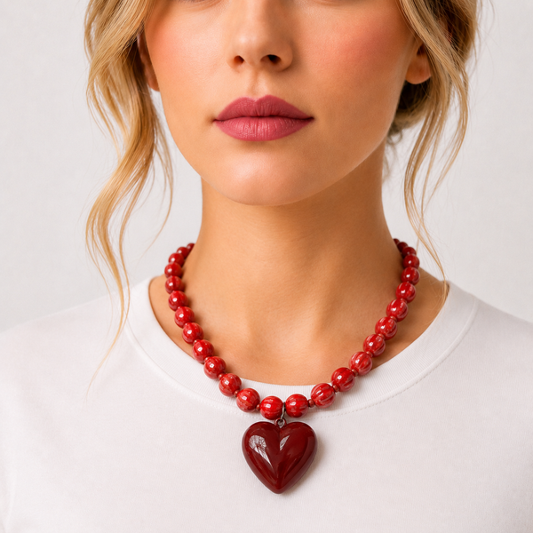 Gros plan sur un collier de perles rouges brillantes avec pendentif en forme de cœur, porté avec un t-shirt blanc