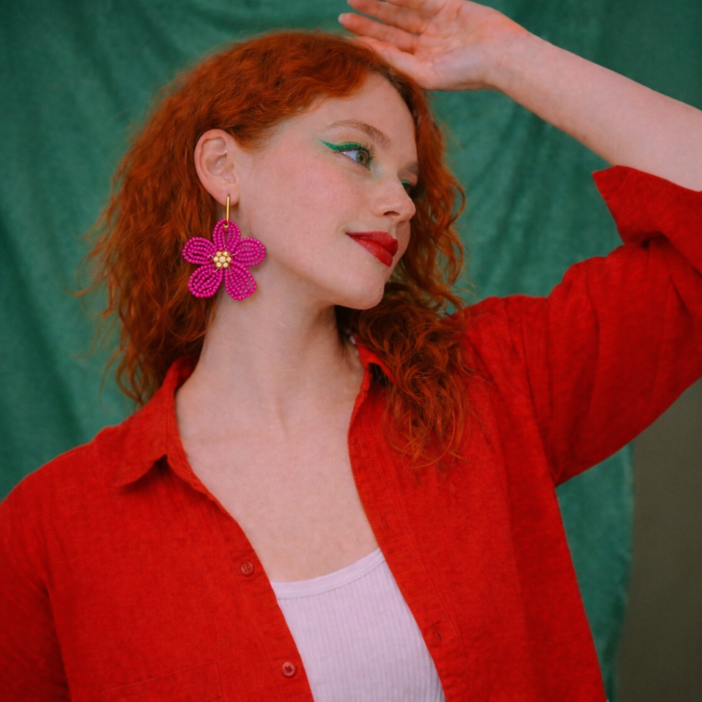 Ginette - Boucle d'oreille en perles fait main rose- Perle Moi Ca