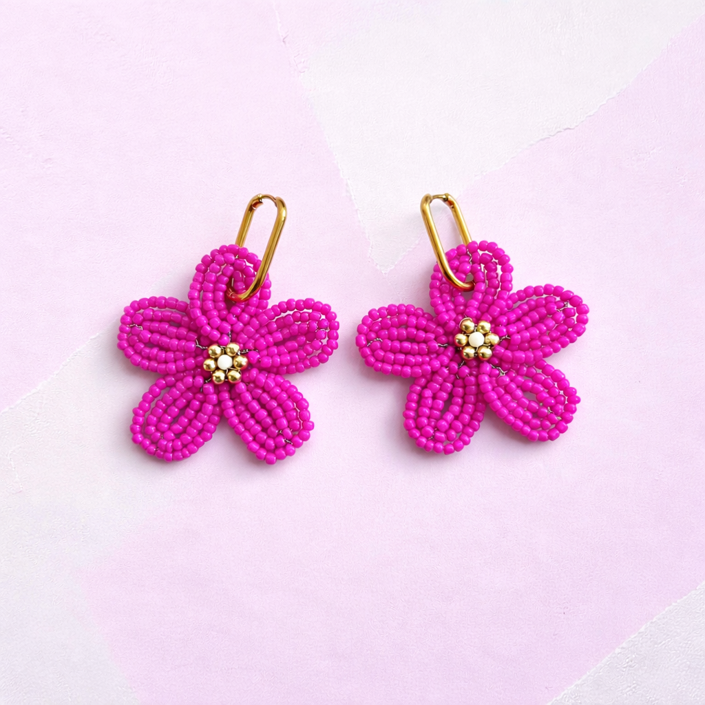 Ginette - Boucle d'oreille en perles fait main rose- Perle Moi Ca