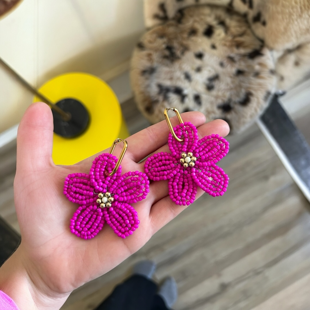 Ginette - Boucle d'oreille en perles fait main rose- Perle Moi Ca