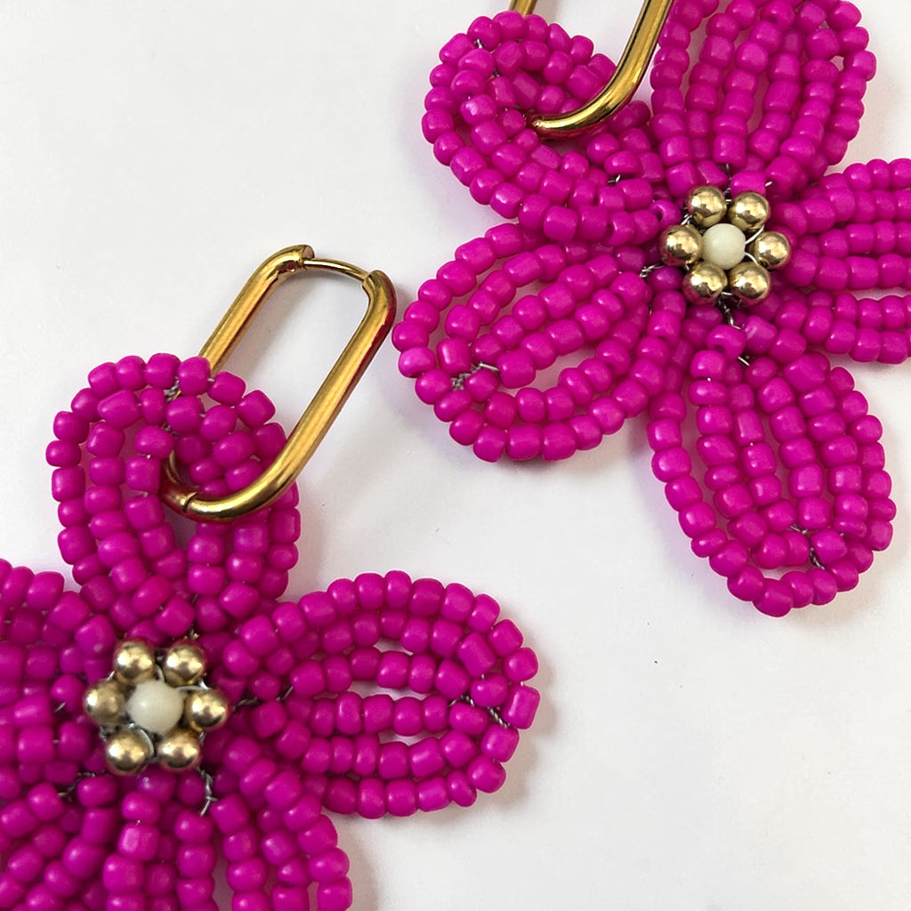 Ginette - Boucle d'oreille en perles fait main rose- Perle Moi Ca