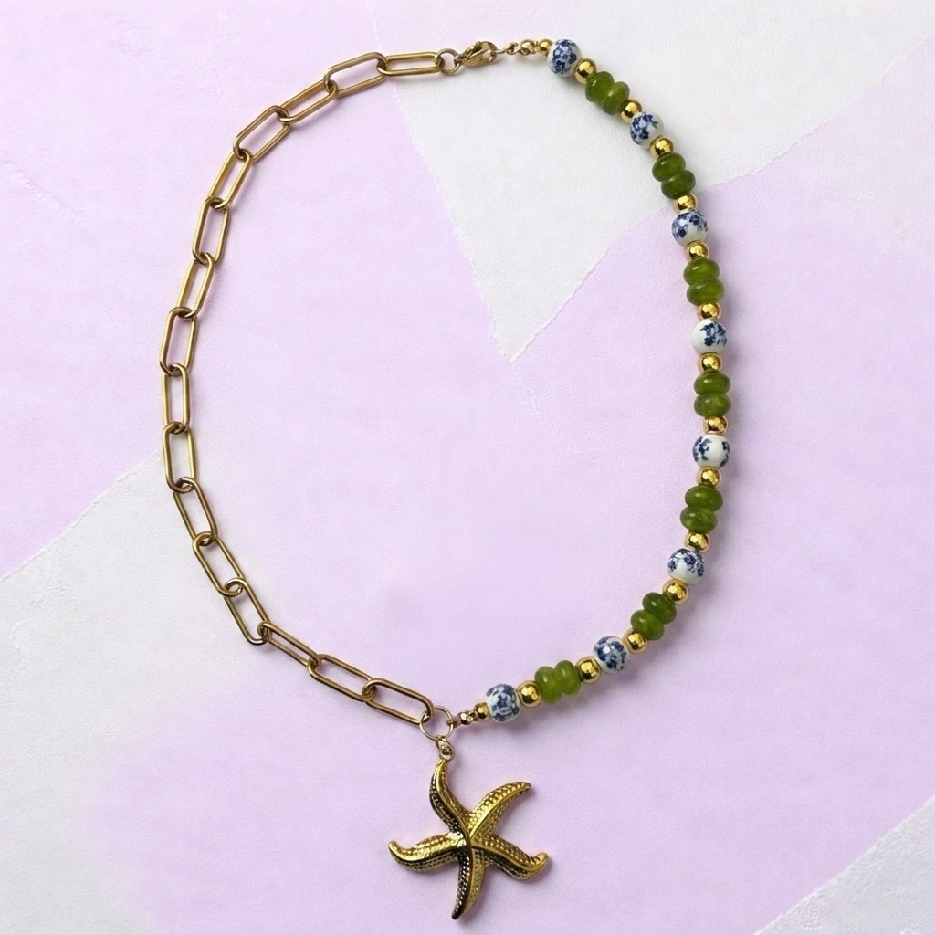 Collier de perle Henriette gold breloque coquillage et perle de verre - Perle Moi Ca