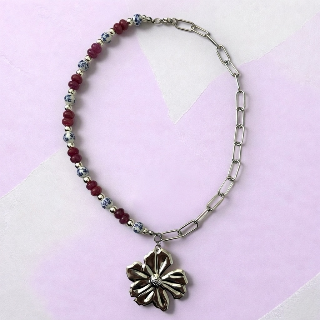 Collier de perle Henriette sylver  breloque  fleur et perle de verre - Perle Moi Ca