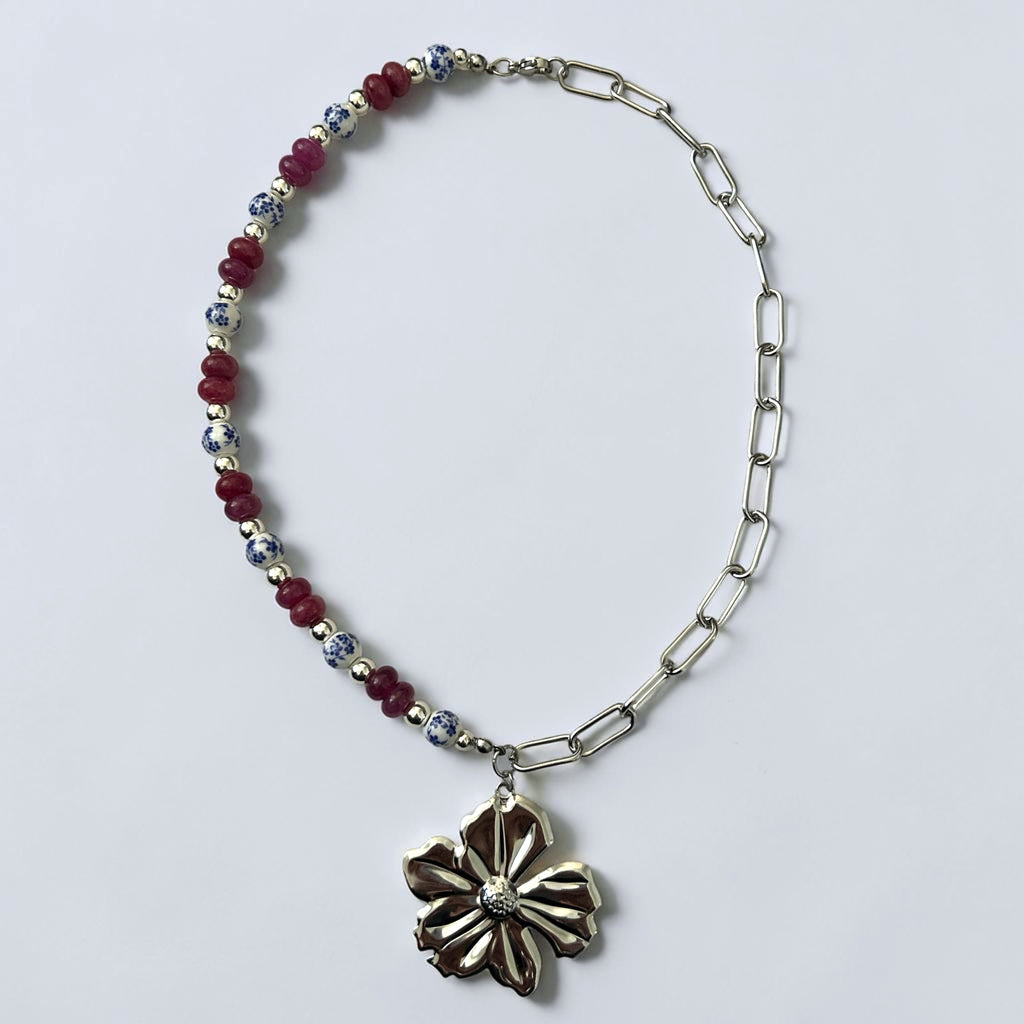 Collier de perle Henriette sylver  breloque  fleur et perle de verre - Perle Moi Ca