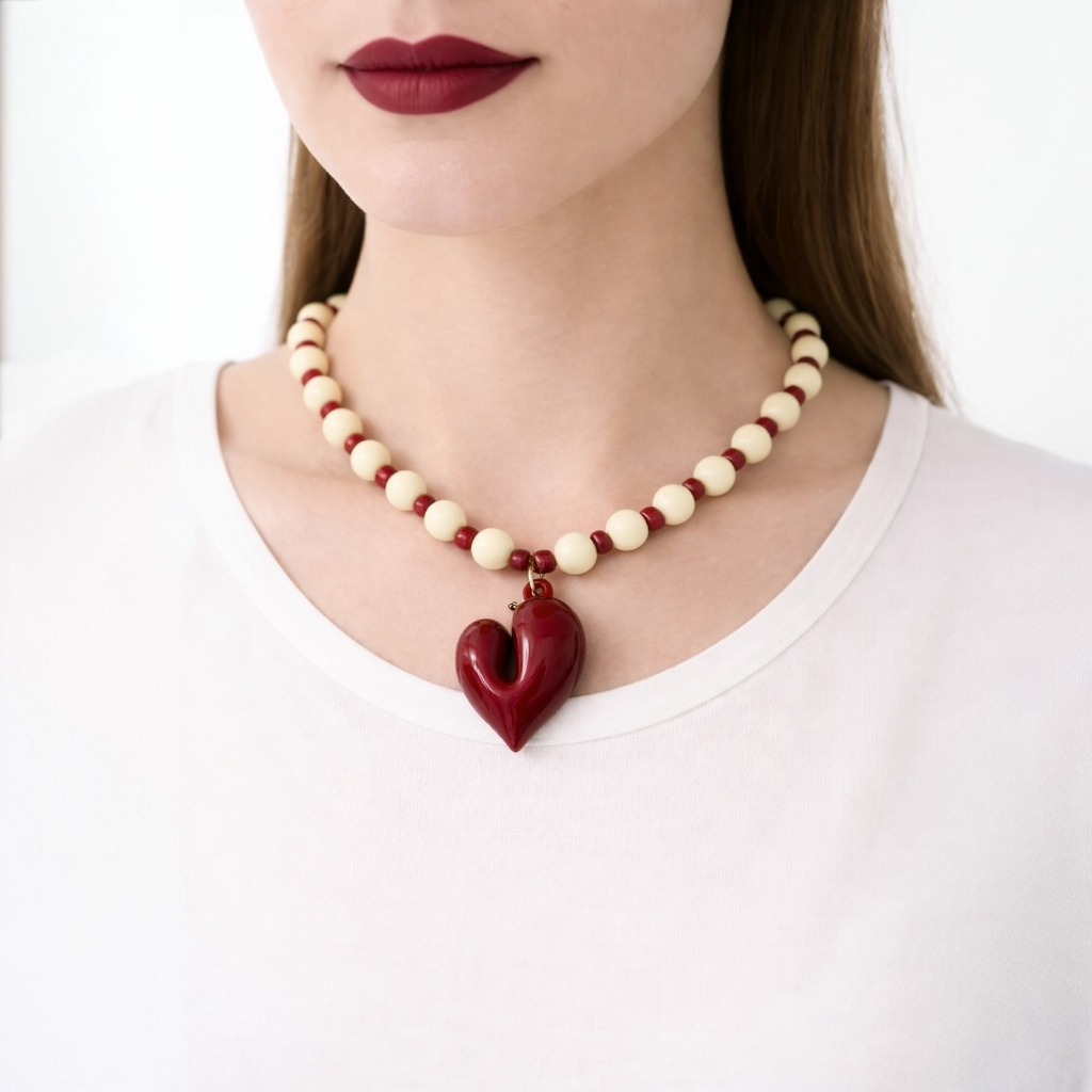 Collier de perle Josette bordeaux et banc-breloque coeur rouge - Perle Moi Ca