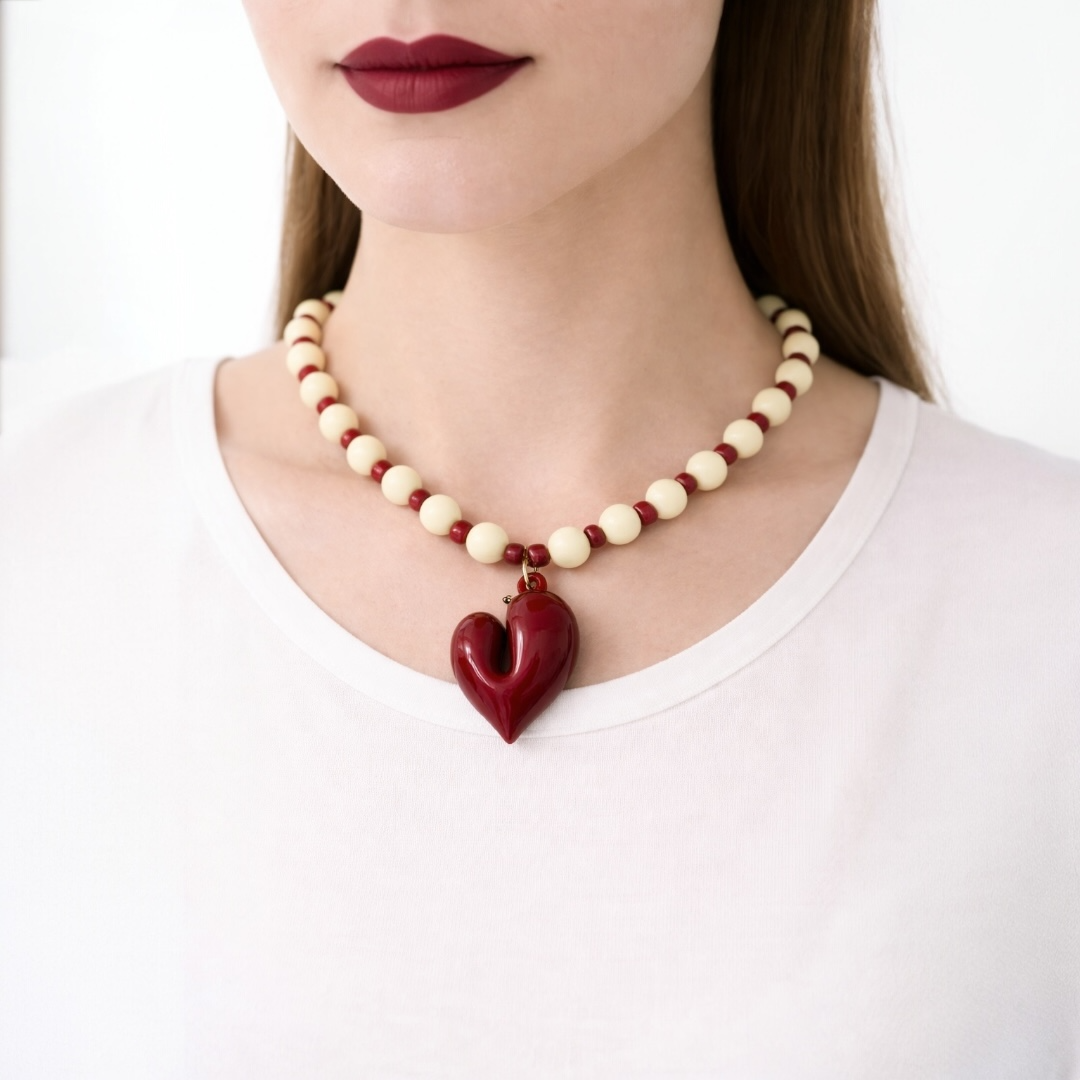 Collier de perle Josette bordeaux et banc-breloque coeur rouge - Perle Moi Ca