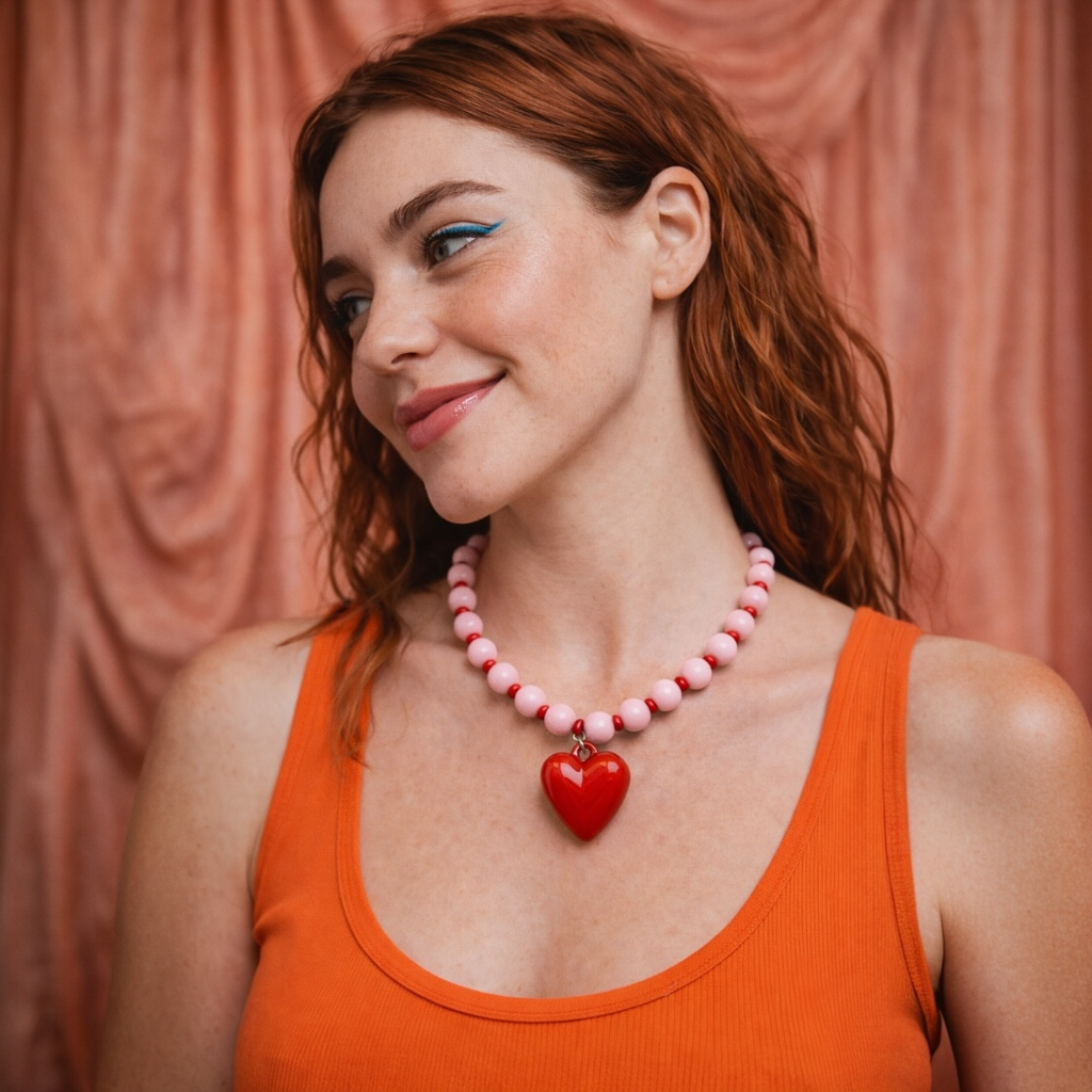 Collier de perle Josette rose et rouge -breloque coeur rouge - Perle Moi Ca