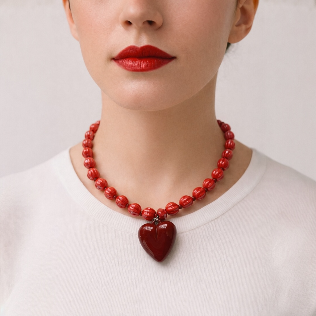 Collier de perle Josette rouge-breloque coeur rouge- Perle Moi Ca