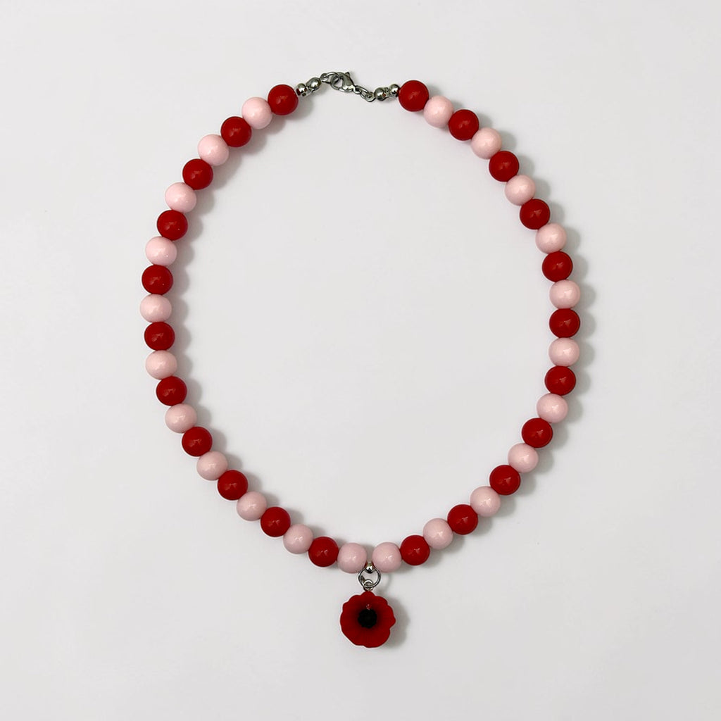 Collier de perle Josette rouge et rose -breloque fleur- Perle Moi Ca