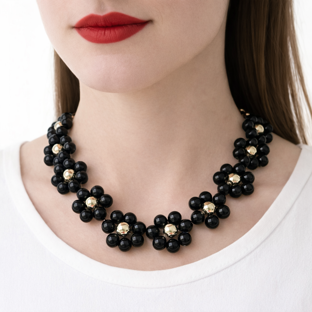 Collier de perle Odette black et sylver-fleur- Perle Moi Ca