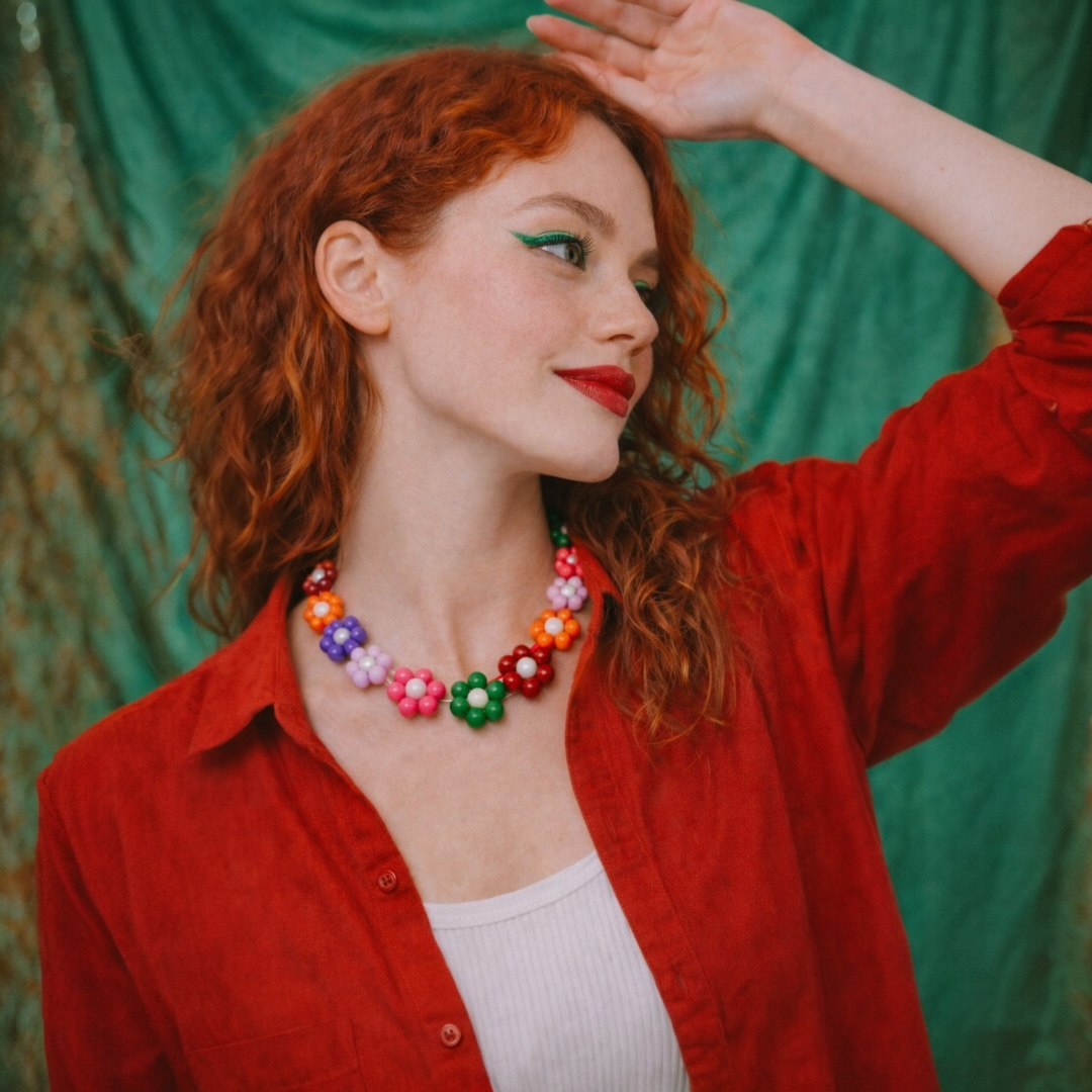 Collier de perle Odette rose et rouge -fleur- Perle Moi Ca