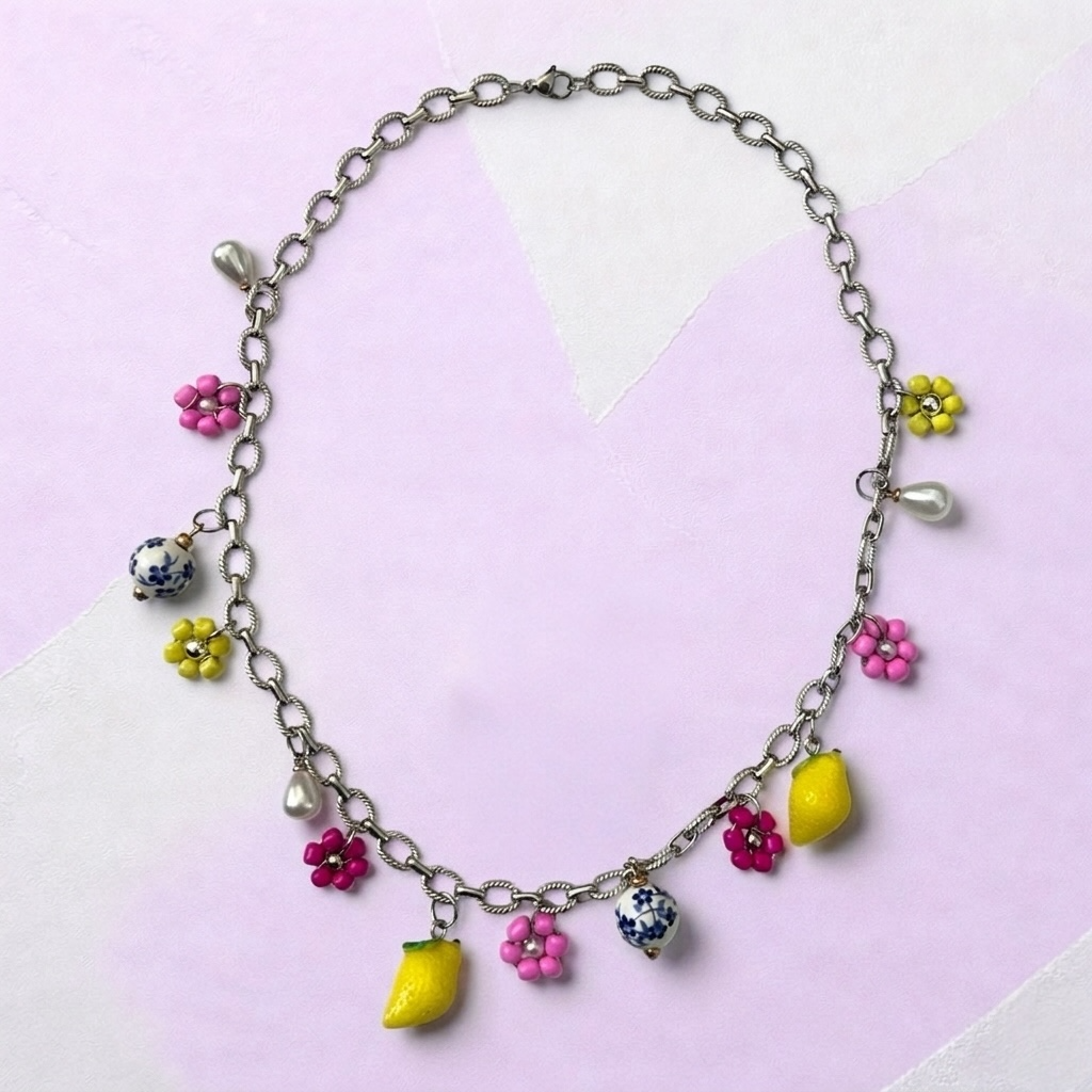 Pierette gold fleur - citron -  collier fait main - Perle Moi Ca - breloque 