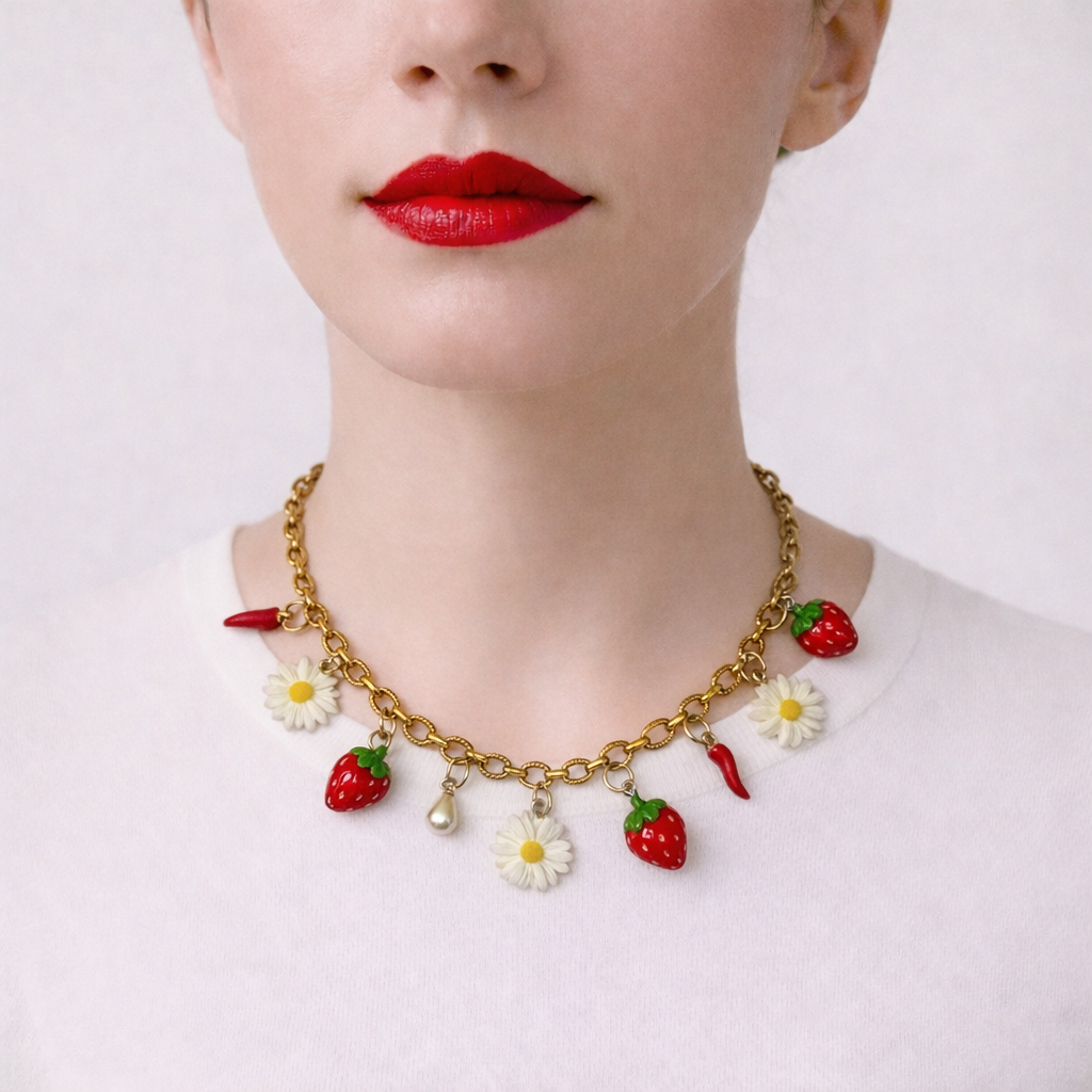 Pierette gold fleur piment fraise- collier fait main - Perle Moi Ca