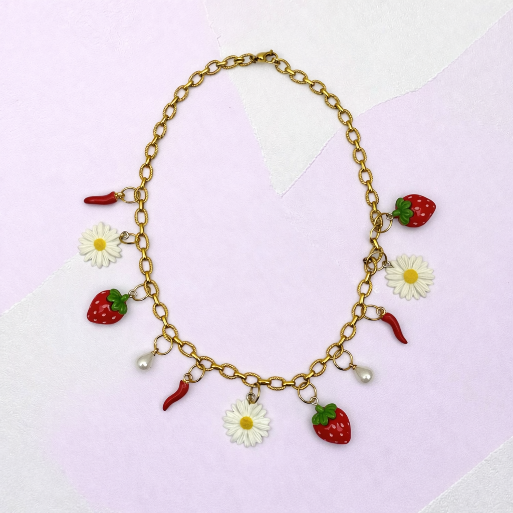 Pierette gold fleur piment fraise- collier fait main - Perle Moi Ca