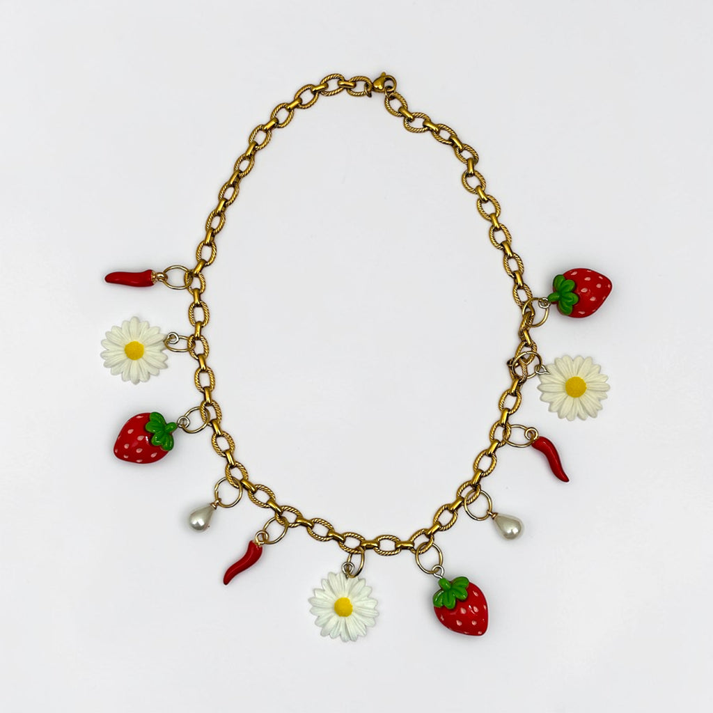 Pierette gold fleur piment fraise- collier fait main - Perle Moi Ca