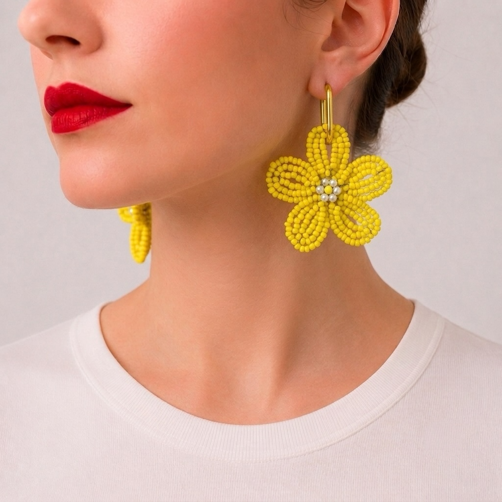 Ginette, boucles d'oreilles fleur en perles de rocaille jaune mat, centre perles blanches nacrées, anneau doré, faites main à Châteauroux, Perle Moi Ça