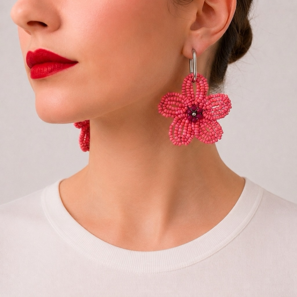 Ginette, boucles d'oreilles fleur en perles de rocaille rose mat, centre perles bordeaux et argentées, anneau argent, faites main à Châteauroux, Perle Moi Ça
