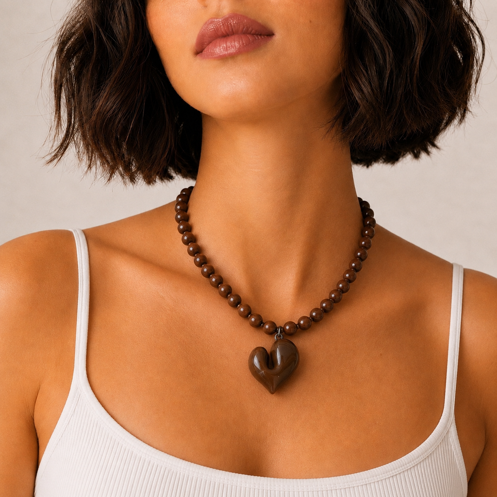 Josette, collier de perles marron avec grand cœur chocolat, porté sur débardeur blanc, Perle Moi Ça