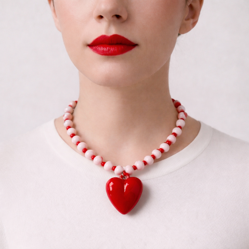 Josette, collier de perles roses et rocailles rouges avec grand cœur rouge, porté sur pull blanc, Perle Moi Ça