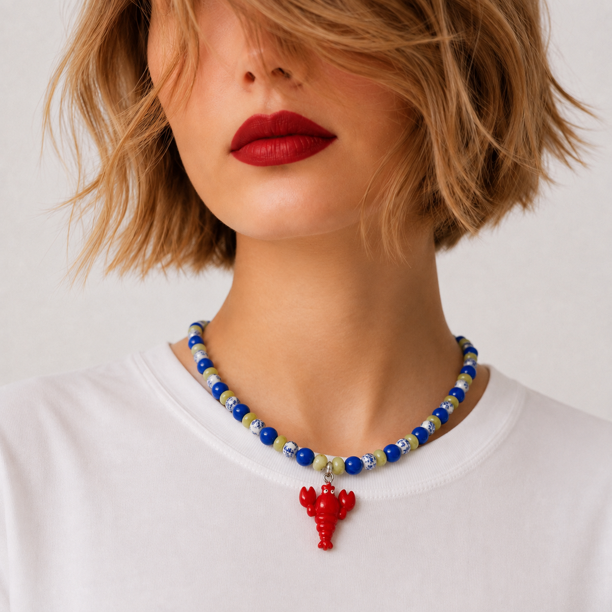 Josette Lux, collier de perles bleues et céramique fleurie avec homard rouge, porté sur tee-shirt blanc, Perle Moi Ça