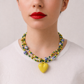 Linette, collier double rang de perles de rocaille jaunes et vertes, perles porcelaine, pendentif cœur jaune, fait main, Perle Moi Ça