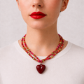 Linette, collier double rang de perles de rocaille roses et oranges, perles dorées, pendentif cœur bordeaux, fait main, Perle Moi Ça