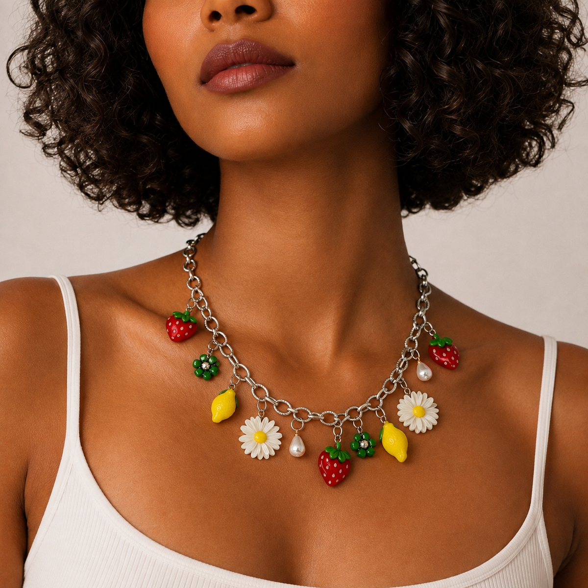 Pierette, collier de breloques fraises, citrons et marguerites sur chaîne argentée, porté sur débardeur blanc, Perle Moi Ça
